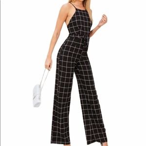 SHEIN Sleeveless Grid Jumpsuit Tie Waist Black XS